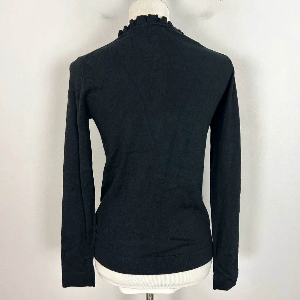 J. Crew Black Cotton Ruffle Neck Sweater Gold Trim CP336 Womens XS NWT